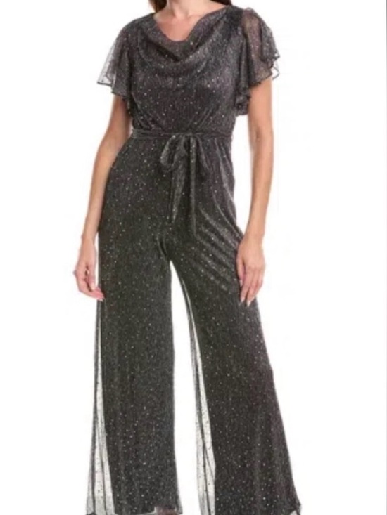 Maison Tara Pants - Maison Tara Black Sparkle Flutter-Sleeve Wide-Leg Jumpsuit